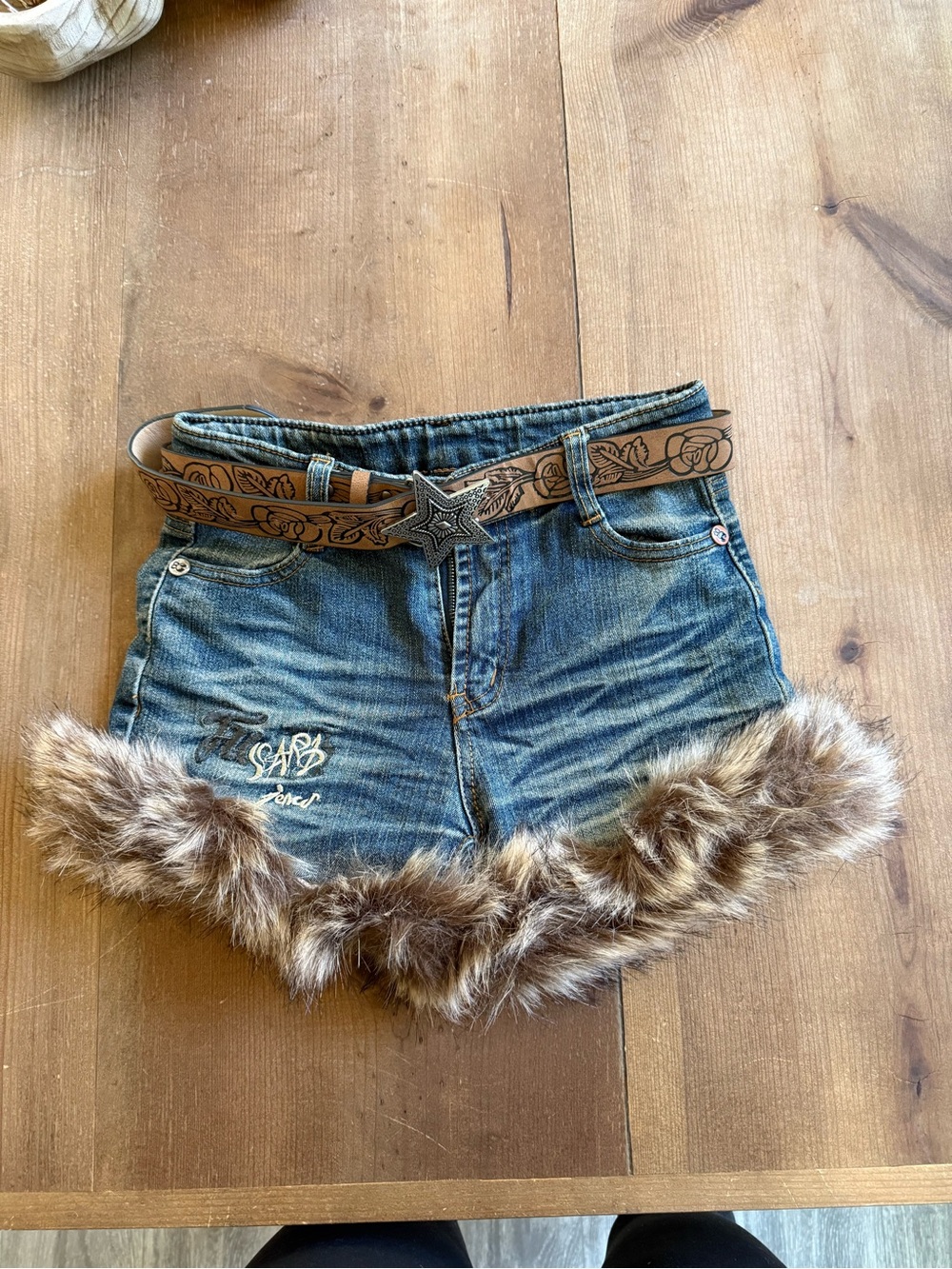 Rare Y2K Denim Fur Trim Shorts Western Buckle Belt Embroidered Boutique